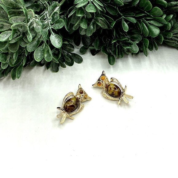 Vintage Gold tone Owl Brooch Set With TigerS Eye Stone Gemstone Pins - Picture 5 of 5